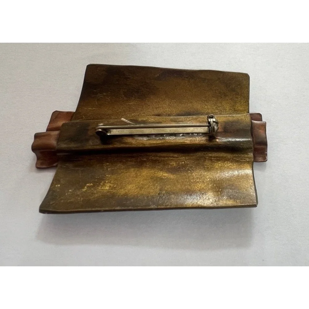 Vintage Mixed Metal Brutalist Brooch Copper Brass Abstract Modernist Pin Earthy